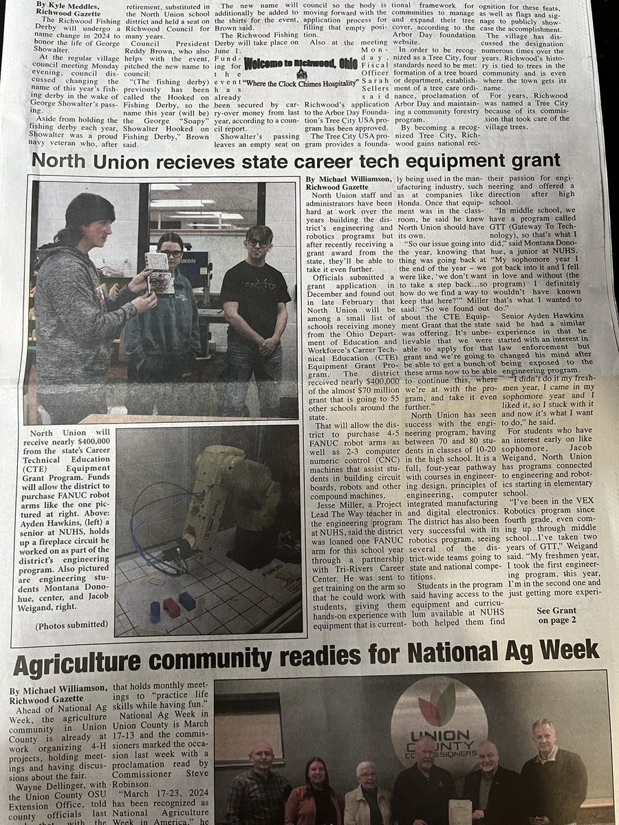 NU_Supt's tweet photo. To clarify. @Marysville_JT posted the headline that the grant we received is for our robotics team. That is incorrect. That money is for our Engineering pathway. The Richwood Gazette headline is correct. @NU_Robotics @NUHS_Principal https://t.co/jxj2mkQgMJ