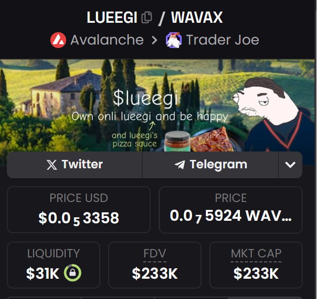 hmmxavier's tweet photo. Dexscreener is now displaying the locked 🔒 liquidity on @lueegi_avax $Lueegi 📈🫡 https://t.co/zPZRtvYFrI