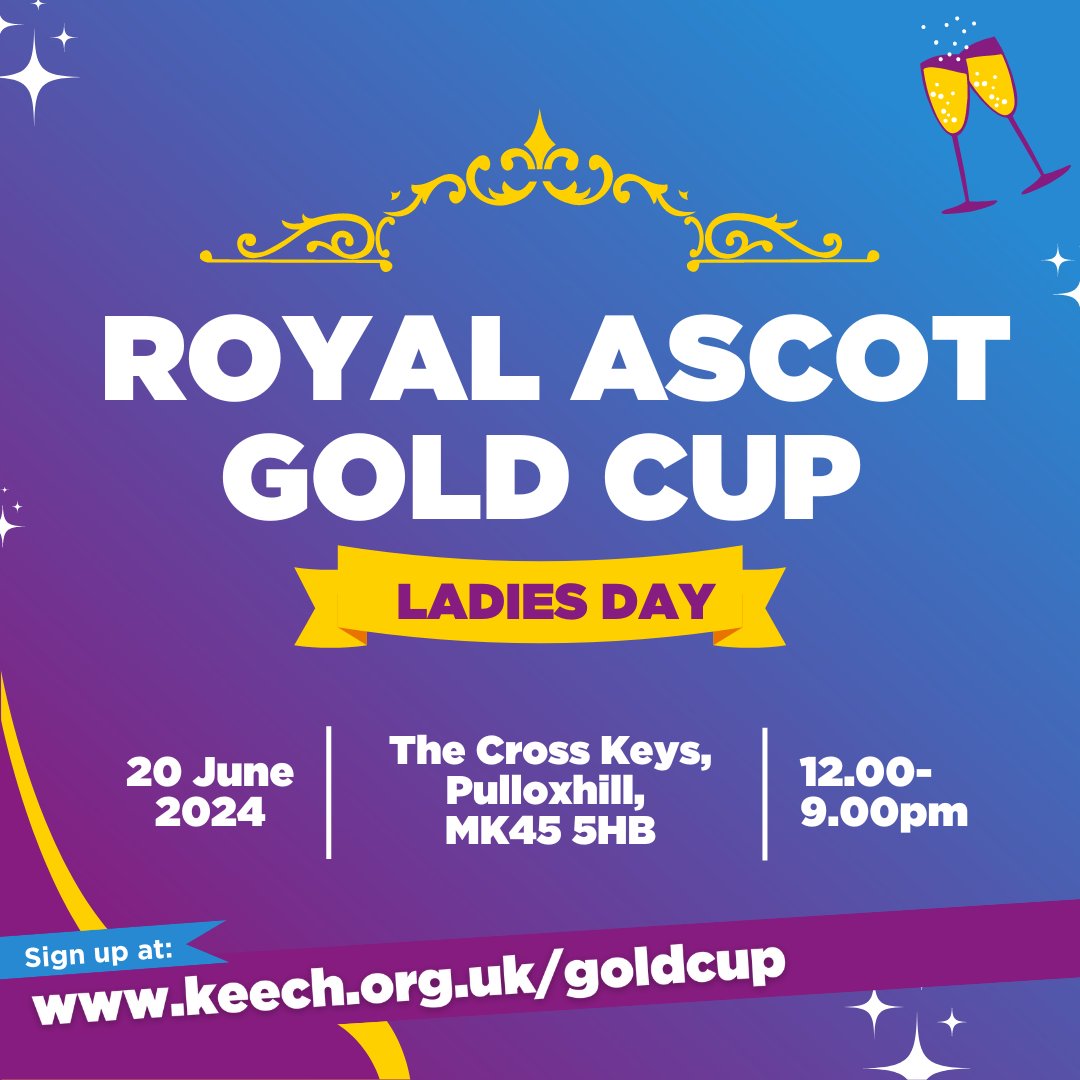 🏇 We're bringing Royal Ascot to Bedfordshire! 🥂 Join us for a day full of live racing, great music and delicious food ➡️ bit.ly/keechladiesday 💜 Prosecco, canapes and lunch 💙 Live racing from Ascot 💜 Raffle and auction 💙 Live evening music 💜 Tickets are £99 per person