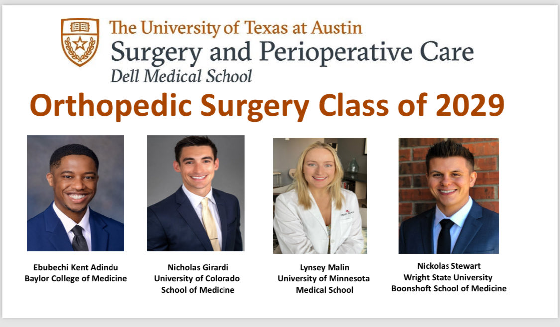 Congratulations to the incoming class of #orthopaedic residents ⁦@DellMedSchool⁩! We are proud to have you on the team and look forward to working with you. Big thanks to ⁦@AJ_JohnsonMD⁩ and Austin Hill for helping us recruit these future leaders. ⁦@UTAustin⁩