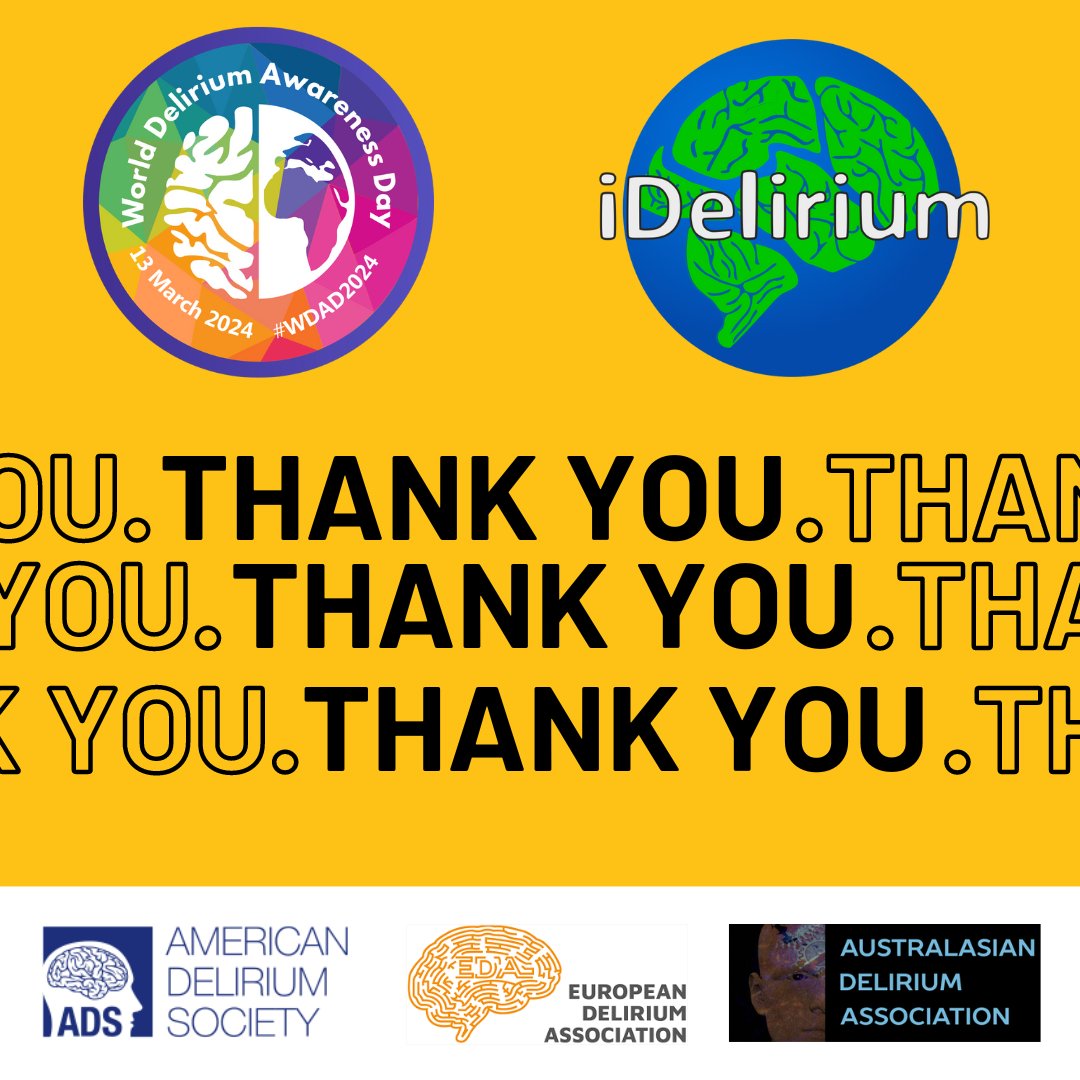 A big THANK YOU on behalf of @iDelirium_Aware to everyone who participated in #WDAD2024. The engagement was inspiring, heart-felt and even humorous. Congrats on raising awareness and pushing #delirium care forward! 🚀 Let's keep the momentum going all the way to #WDAD2025