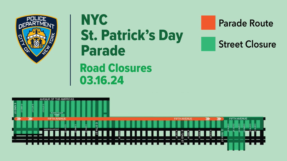 Tomorrow's St. Patrick’s Day Parade will begin at 11:00 AM at 44 Street and travel north along 5th Avenue up to 79 Street. ⚠️If traveling in the area, give yourself extra time, and use public transportation when possible.