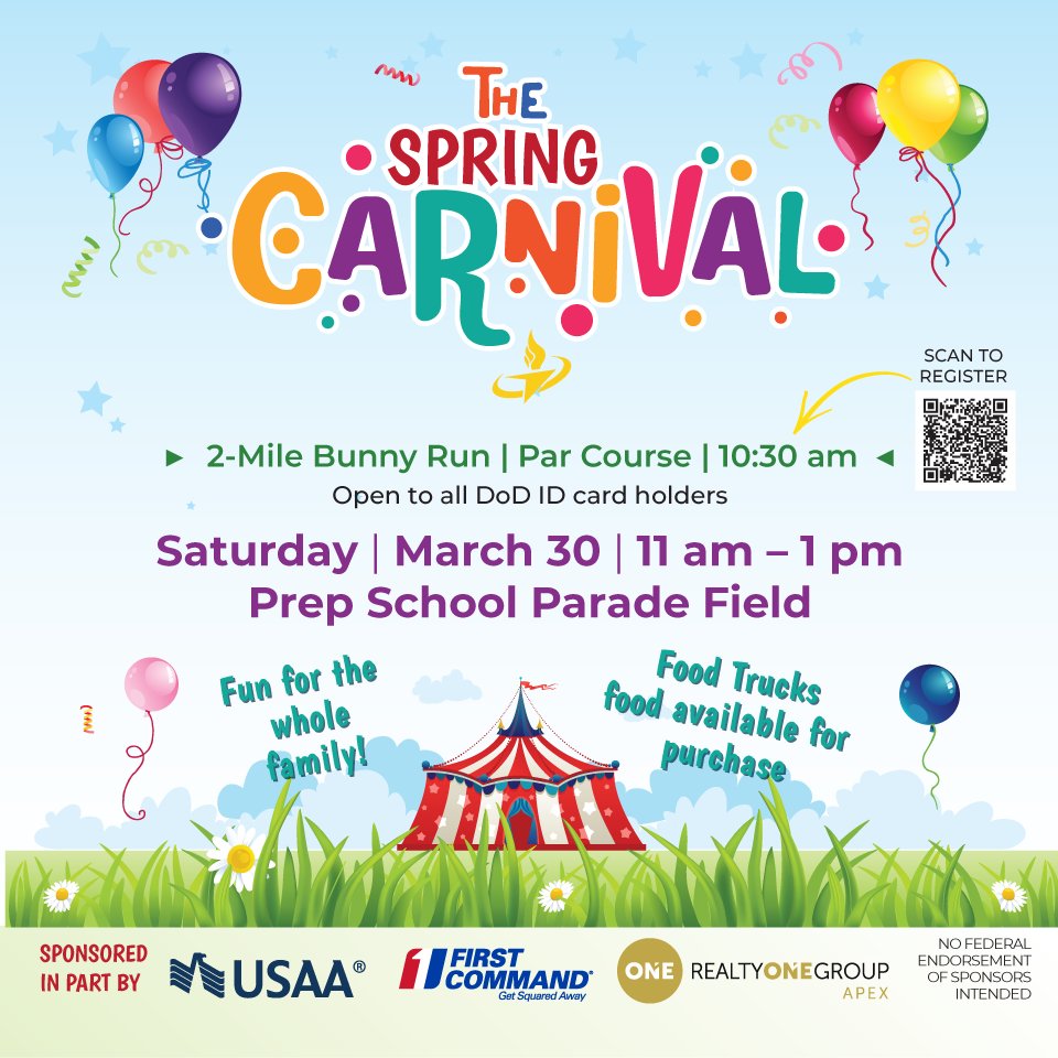 Join us for Spring Carnival! 🎈 🌷Saturday, March 30 from 11 am - 1 pm. 🌷Food, games, crafts, car show and more! 🌷 Bunny Run will take place on the par course at 10:30 AM. #usafa #10fss