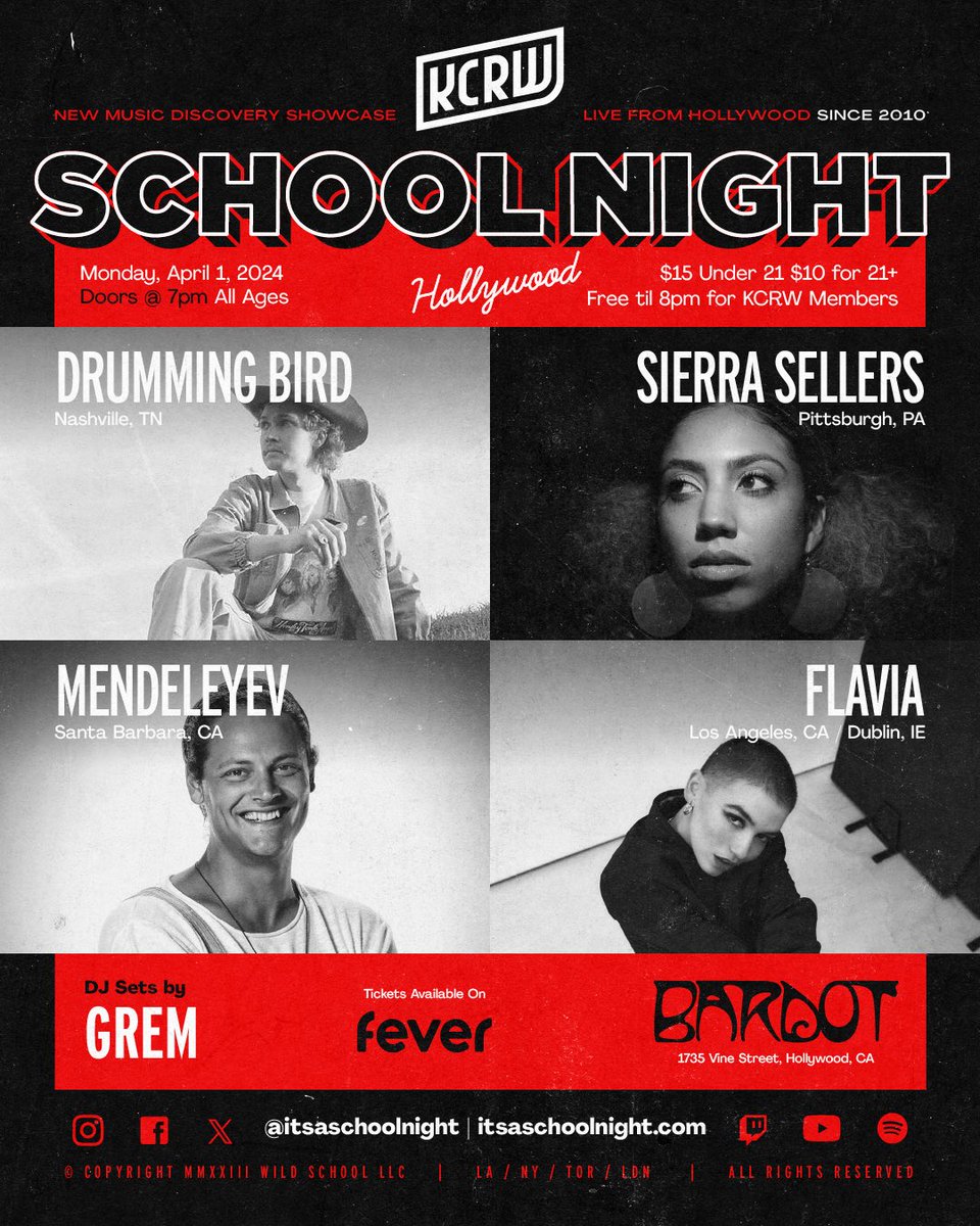 School Night (@itsaschoolnight) on Twitter photo LA, we’re back with another stellar lineup! Join us Monday, April 1st at <a href="/Bardot_Hllywd/">Bardot</a> for live performances by <a href="/drumming_bird/">Drumming Bird</a>, <a href="/sierra_sellers_/">Sierra Sellers</a>, <a href="/MendeleyevMusic/">Mendeleyev</a>, and <a href="/flaviaspeaks/">FLAVIA</a>! Secure your tickets here: feverup.com/m/150071 LA, we’re back with another stellar lineup! Join us Monday, April 1st at <a href="/Bardot_Hllywd/">Bardot</a> for live performances by <a href="/drumming_bird/">Drumming Bird</a>, <a href="/sierra_sellers_/">Sierra Sellers</a>, <a href="/MendeleyevMusic/">Mendeleyev</a>, and <a href="/flaviaspeaks/">FLAVIA</a>! Secure your tickets here: feverup.com/m/150071