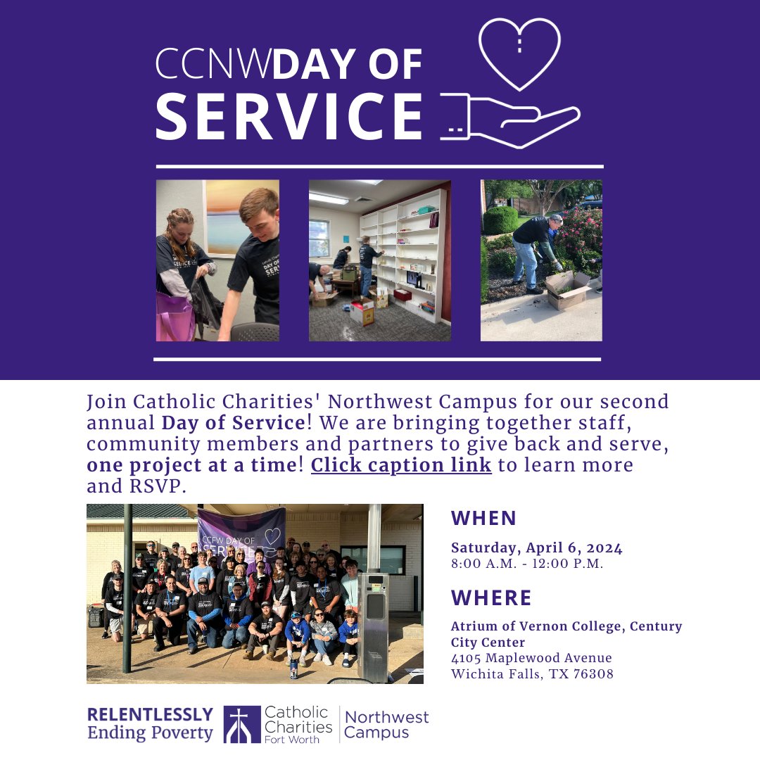 #LASTCALL Catholic Charities Northwest Day of Service!! 🌷 Join us for a day of compassion and community at The Catholic Charities Northwest Campus Spring Day of Service on April 6th, 2024, from 8 am to 12 pm! 🌼 RSVP here: ow.ly/3Ucz50QMTNQ