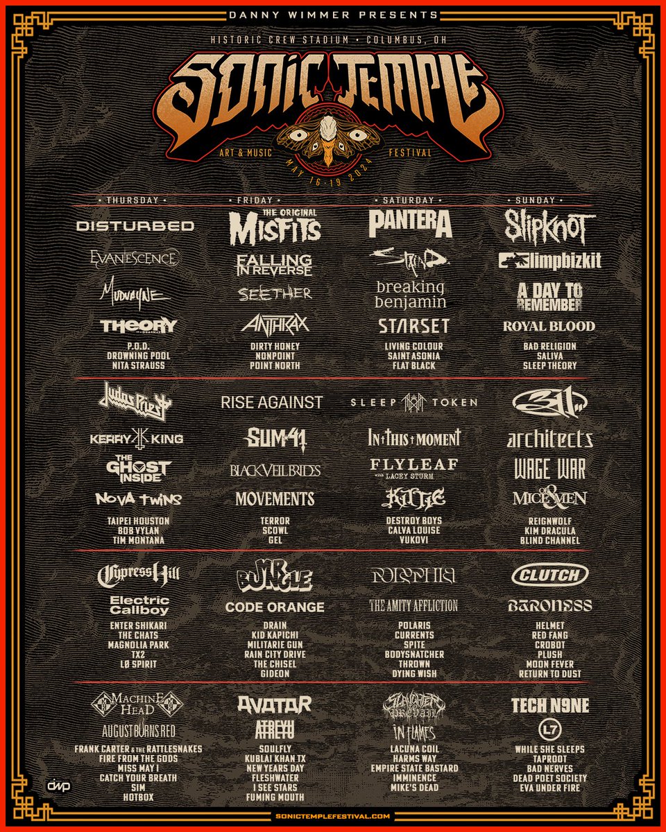 Sonic Temple, we've got some lineup updates to share as we gear up for another epic Sonic Temple, now almost 60 days away! 👉 Kublai Khan TX is swapping to Friday 👉 Lacuna Coil has moved to Saturday 👉 All That Remains can no longer join us for this year's festival We're