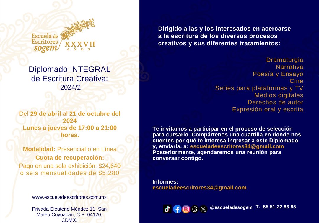 #Convocatoria #Diplomado #EscrituraCreativa #EscueladeEscritoresSogem <a href="/SOGEM_Oficial/">SOGEM | Sociedad General de Escritores de México</a> <a href="/ccvvgg/">Claudia Guillén</a>