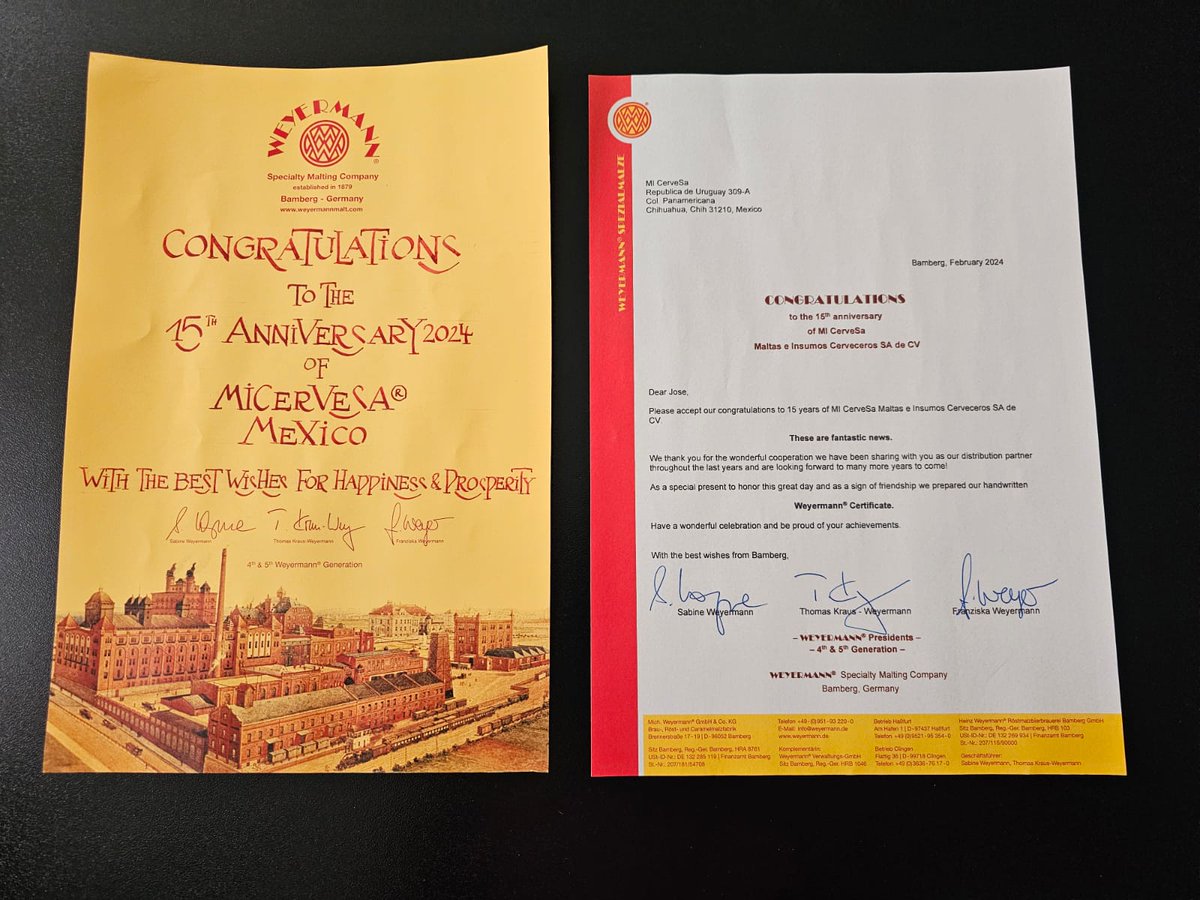 This year we are celebrating our 15th anniversary, and today we received a flattering gift from <a href="/Weyermann_Malts/">Weyermann®</a> commemorating our anniversary.

Thank you very much for this detail that we greatly appreciate!

Cheers from Mexico! 🇲🇽🍻😄