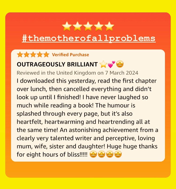 The loveliest review of #TheMotherOfAllProblems Link to buy in bio @HeraBooks @katiefulf @CWIPprize