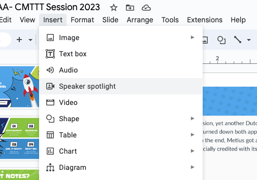 bmos's tweet image. 🎉New: Google Slides added a pretty cool tool that let&apos;s you embed your 📸Camera Feed directly into the slide. This is similar to what Apple Keynote can do. Click INSERT --&amp;gt; SPEAKER SPOTLIGHT #GoogleSlides #GoogleTips #Edtech #TeacherTechTips