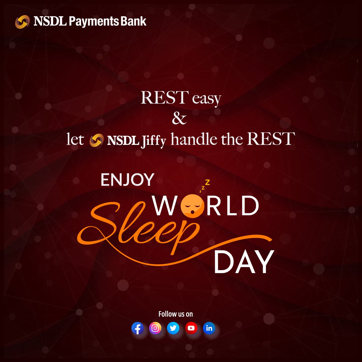 Today, as we celebrate a good night's rest, let NSDL Payments Bank take care of your payments, transfers, bill payments, and recharges. Plus, with our auto-pay feature, you can set up recurring payments effortlessly!

#WorldSleepDay #PeaceOfMind #nsdl #digitalbanking