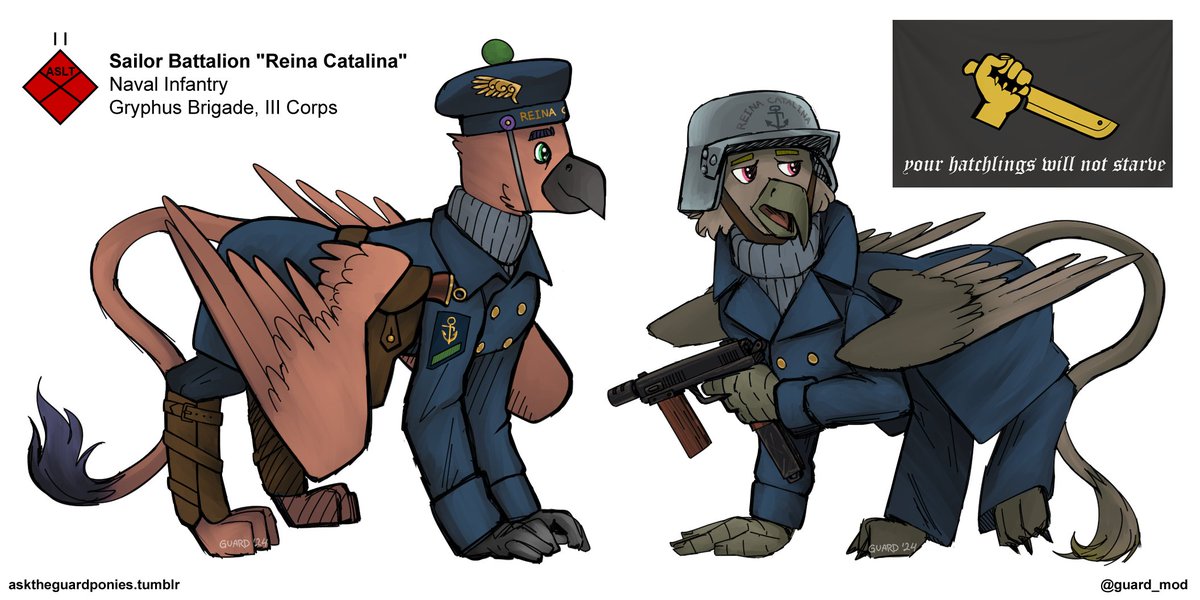 Griffon sailors from the protected cruiser Reina Catalina. (c915) After their ship was sunk in port at the outbreak of the Griffon Civil War, most of the crew joined the land war as volunteers, serving as fanatical shock troops. #mlpfanart #mlpfim