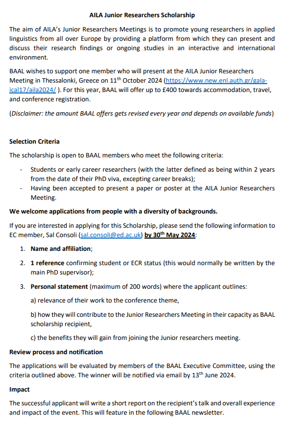 Announcement! BAAL student/ECR scholarship to present at AILA Junior Researchers Meeting (Thessalonki, Greece) on 11 Oct 2024 Up to £400 towards accommodation, travel, and conference registration - eligibility criteria apply Contact @sal_consoli with applications and queries