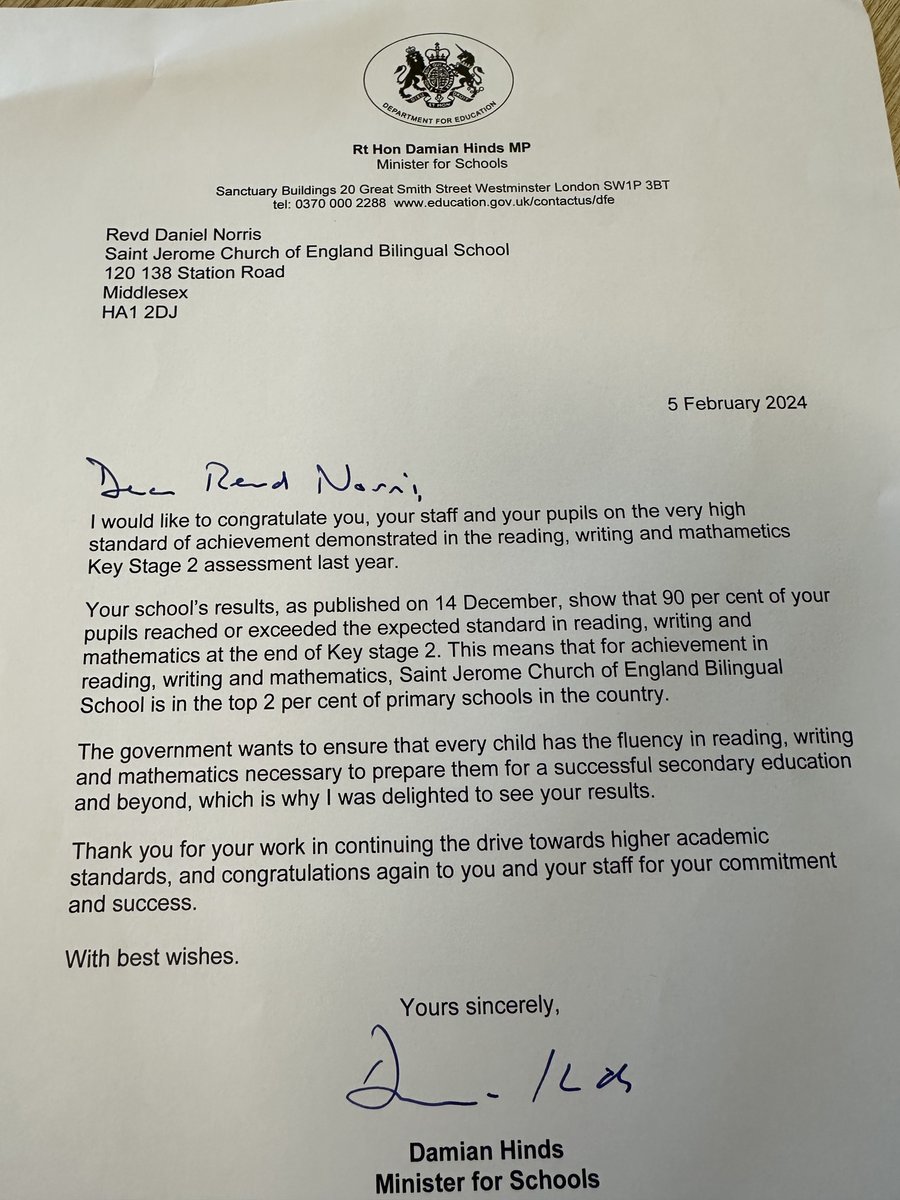 Delighted to receive this letter, if a little concerned about the spelling of mathematics by the Minister for Schools.