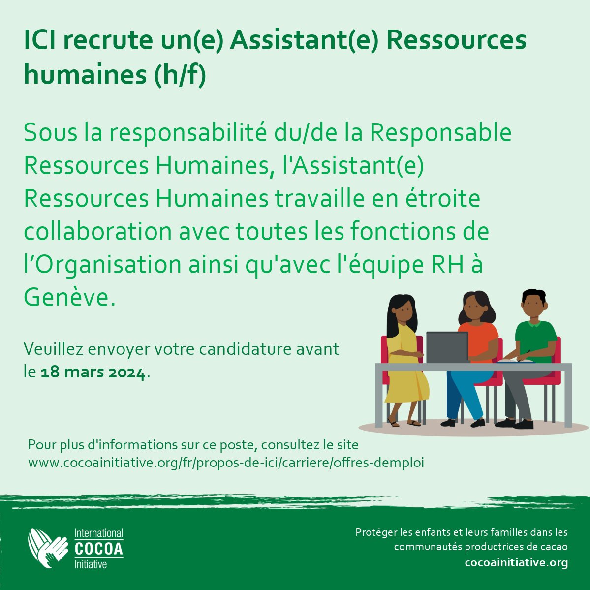 🔊 Vous souhaitez contribuer à la lutte contre le #TravailDesEnfants et le #TravailForcé? On recherce un(e) Assistant(e) Ressources humaines (h/f) pour rejoindre notre équipe à Abidjan. Postuler avant le 18 mars 2024 : bit.ly/3TzJsRw