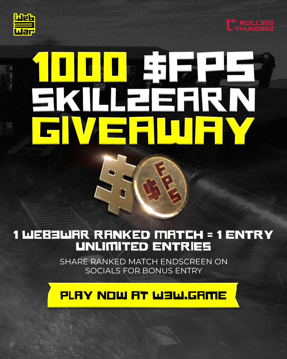 1000 $FPS Giveaway! #Skill2Earn & Ranked Matches are now in #Web3War and to celebrate we will be giving away 1000 $FPS 🤑 How To Enter: 🔫 Play Ranked Matches on Web3War between now and 1am UTC Monday 💥 1 Ranked Match = 1 Entry and you can play as many matches as you like…