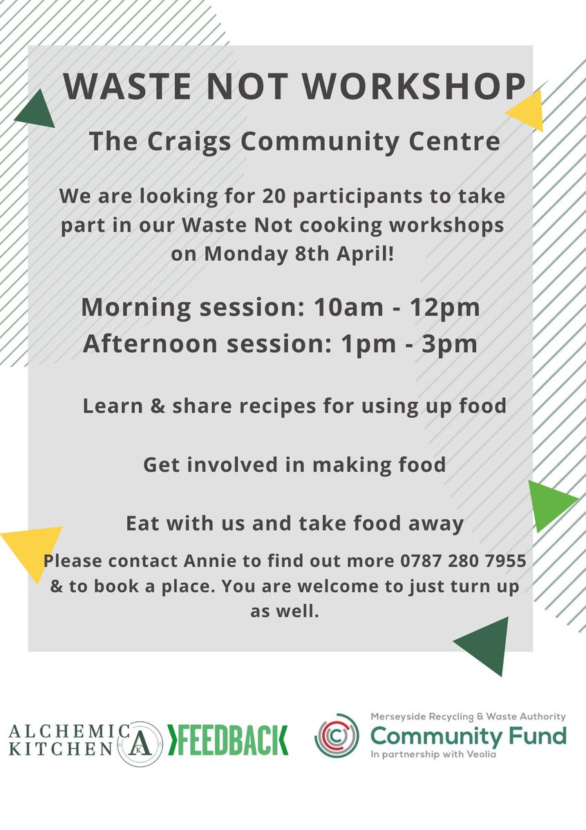 Love food not waste workshops at the Craig’s community centre ❤️🙌delivered by @feedbackorg will be great! Contact me or pop in & speak to Bernie at Craigs to book a space @ForHousing @svpprimary @StalbertsRc @StBrigidsCPS @OneKnowsley @BethForHousing @TESS_Knowsley @LiveKnowsley