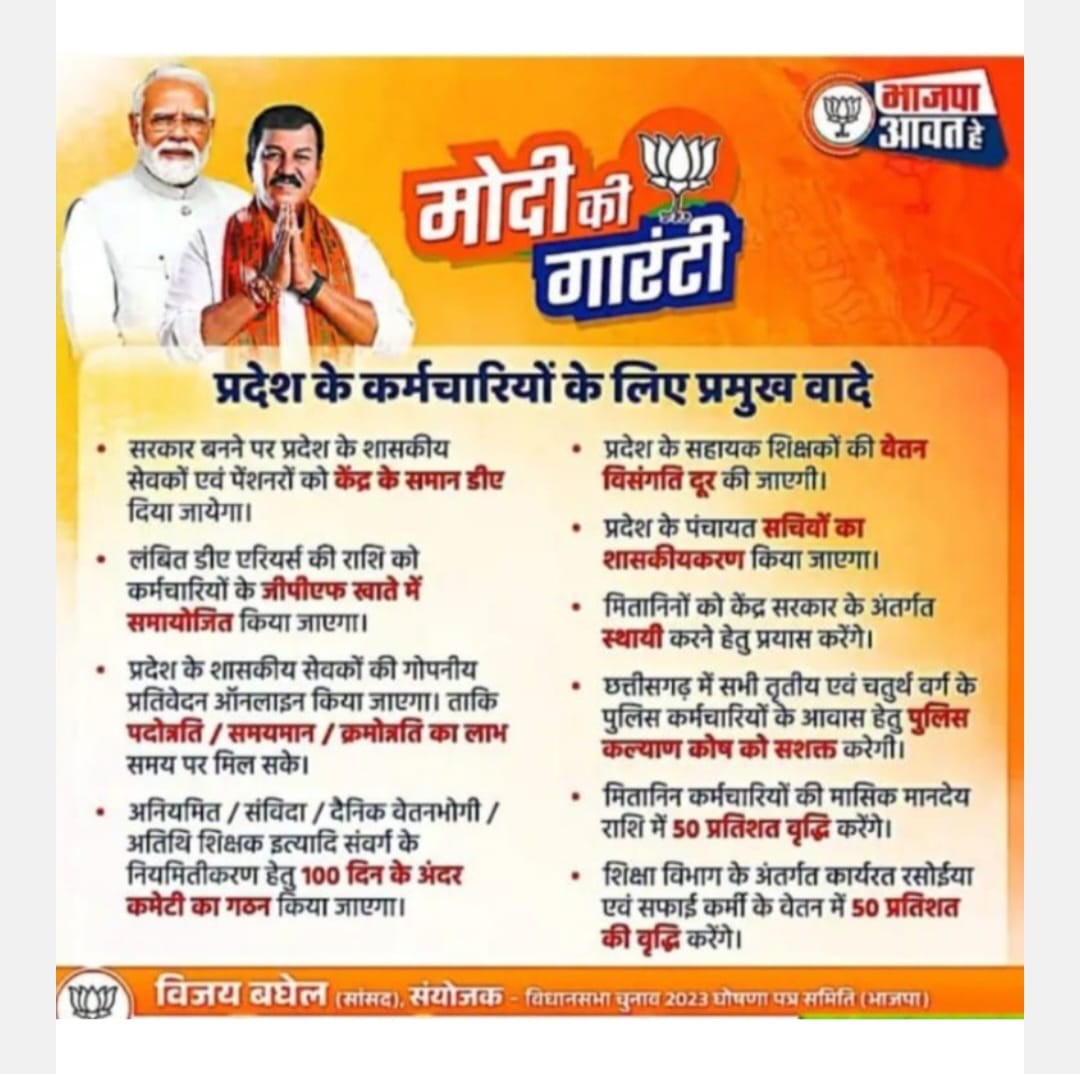 आज छत्तीसगढ़ के माननीय मुख्यमंत्री जी ने छत्तीसगढ़ के कर्मचारियों को 4% डीए 1 जुलाई 23 से न देकर 1 मार्च 2024 से देने का ऐलान किया। आखिर छत्तीसगढ़ के कर्मचारियों के साथ इतना भेदभाव क्यों? जबकि केन्द्र सरकार सहित राजस्थान, म.प्र. की सरकार ने 1 जुलाई2023 से डीए देने की घोषणा की है।