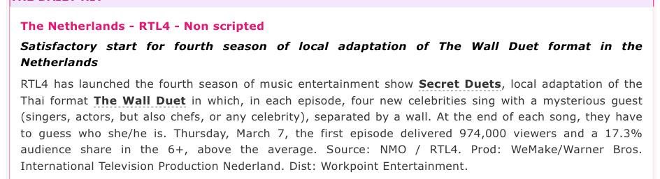 Great return for the season 4 of our show “The Wall Duet” on RTL 4 !!!! +17.3% of audience 6+ .
A coproduction WeMake Productions and Warner Bros