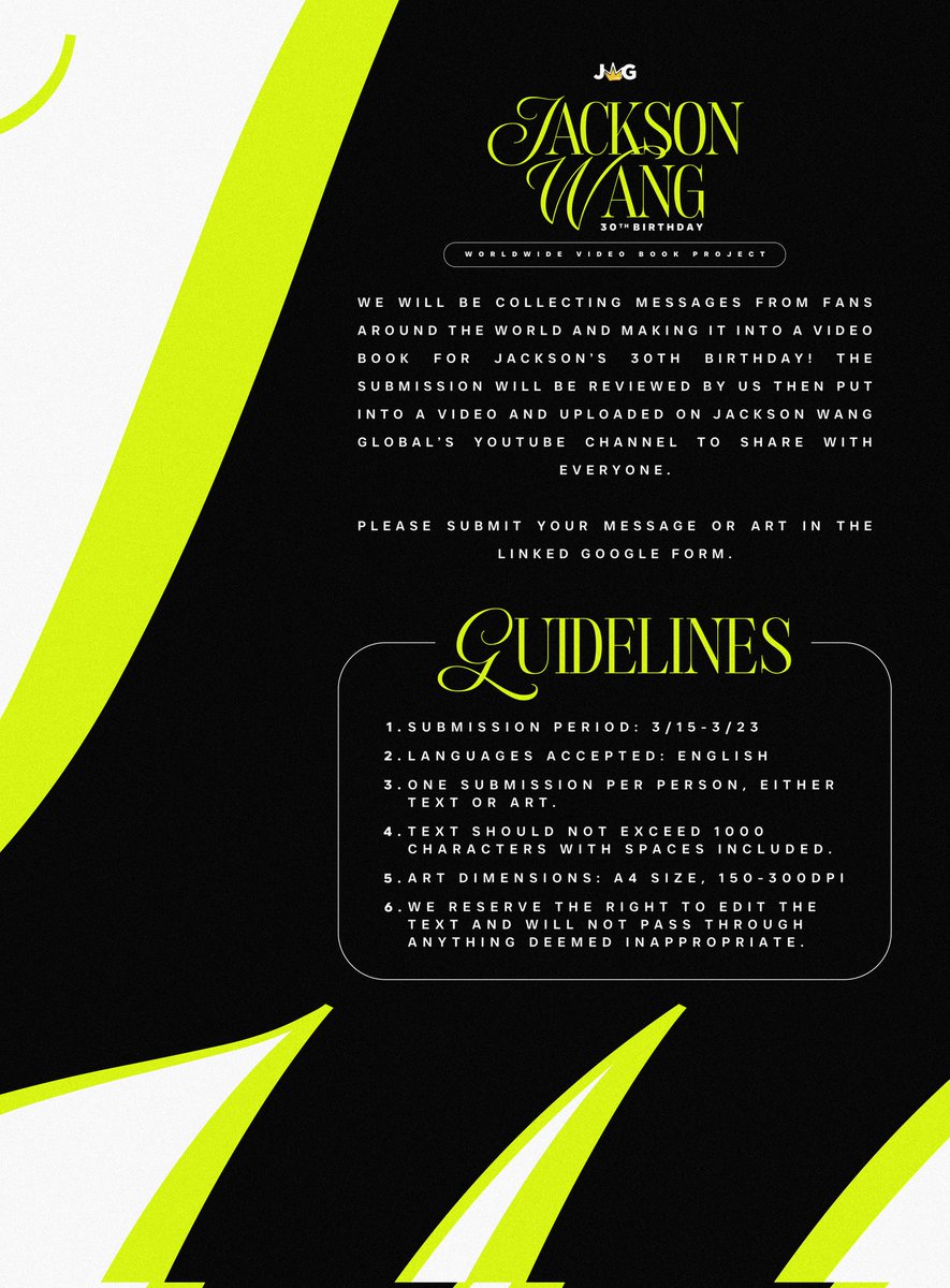 JacksonWGlobal's tweet photo. [🎂PROJECT] 2024

We’ll be collecting messages &amp; art to create a video book for #JacksonWang’s 30th birthday!📖🪄 

Please refer to google form👇 for more info!
https://t.co/3osjjSfAko

What will your msg be?📝
#ToJacksonWithLove

#王嘉尔 #잭슨 #TEAMWANG @JacksonWang852 https://t.co/YhhkB9EFV9