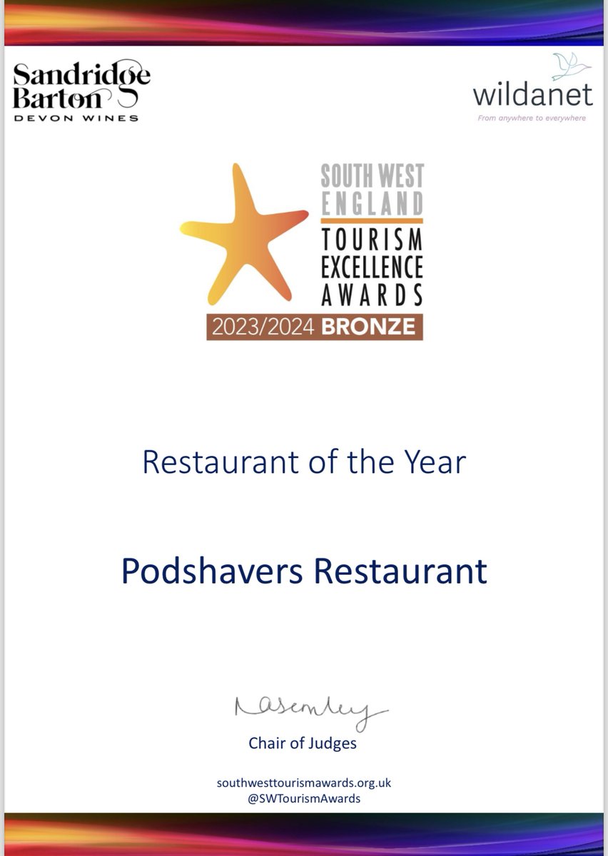 We have won Bronze in the South West Tourism Awards. Wow what an honour! We are thrilled to receive this award and to been recognised for our hard work, resilience and passion for Podshavers Restaurant.  @swtourismaward #taunton #somerset #southwest #awards #bestrestaurant