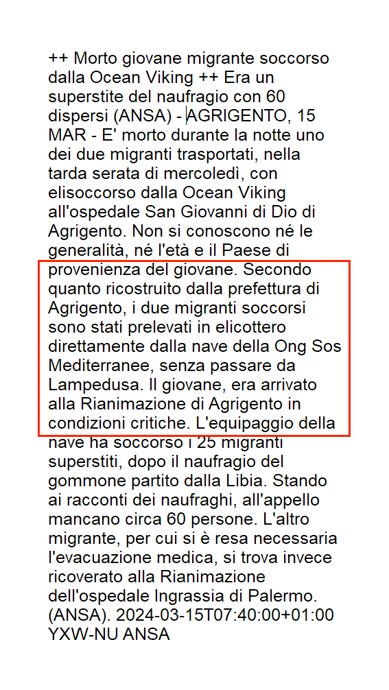scandura's tweet photo. 🔴Morto uno dei due evacuati da #OceanViking

Prefettura di Agrigento Viminale: "prelevati in elicottero direttamente dalla nave #ONG senza passare da #Lampedusa" (ANSA).

Falso: l'elicottero 🚁Guardia Costiera⚓️🇮🇹 li ha lasciati a #Lampedusa.

📍 OSINT Radio Radicale
Segue🔢🧵 https://t.co/PeOG1Bhbyd