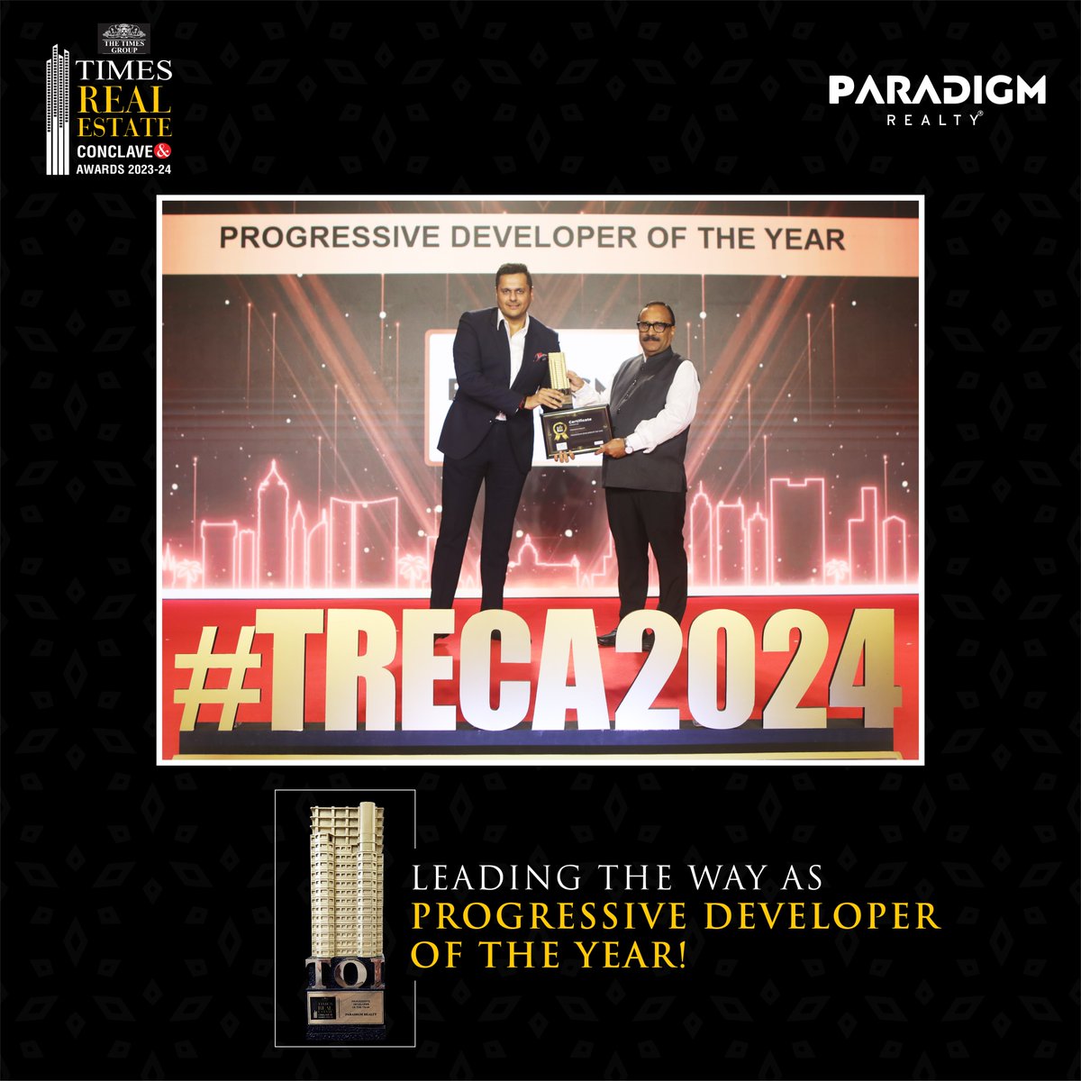 Thrilled to announce that Paradigm Realty has been honored as the Progressive Developer Of The Year by Hon. Minister of Housing, Maharashtra - Shri. Atul Save Ji at Times Real Estate Conclave & Awards-2024

#ParadigmRealty #ProgressiveDeveloper #RealEstate #TimesAwards #Conclave