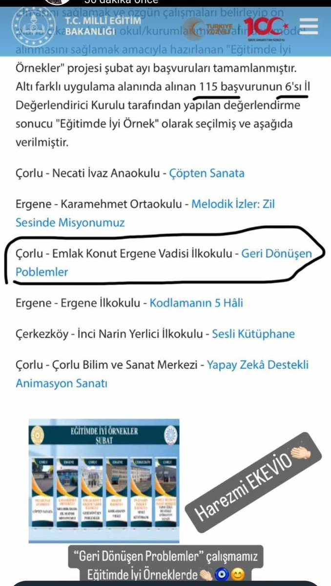 EmlakErgene's tweet photo. Harezmi ekibimizin yapmış olduğu ''Geri Dönüşen Problemler'' projesi Tekirdağ İl MEM'nün Eğitimde İyi Örnekler projesinde 115 başvurunun  içersinde "Eğitimde İyi Örnek" olarak seçilmiştir.Emeği geçen Öğretmen ve öğrencilerimize teşekkür ederiz.
@Murat_Eren @ersanulusan @hete61 https://t.co/rW8xmIVuJZ