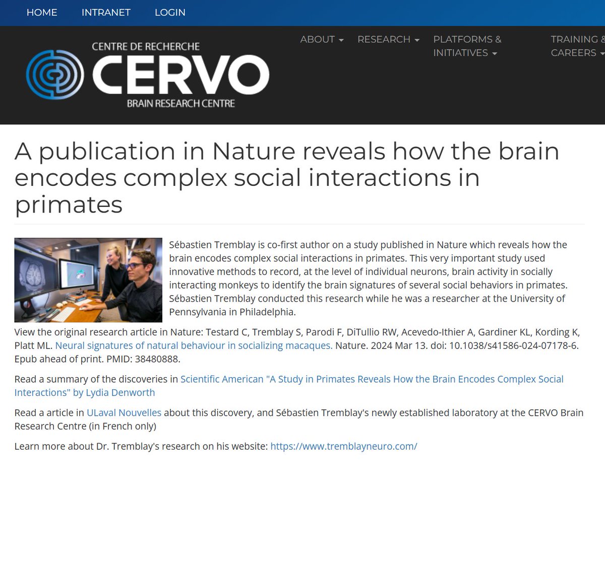 A publication in Nature by CERVO researcher Sébastien Tremblay reveals how the brain encodes complex social interactions in primates Read about it on our website: cervo.ulaval.ca/en/publication… Direct link to Nature paper: nature.com/articles/s4158…