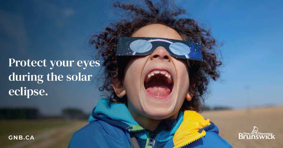Gov_NB's tweet photo. On Monday, April 8, a total solar eclipse will pass over New Brunswick!

We’re encouraging all New Brunswickers to protect their eyes during the event. Looking at the eclipse without certified solar eclipse glasses could cause permanent vision damage, or even blindness.

For more information, visit: https://t.co/zIu0rmIig7