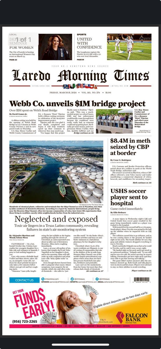 Qué bonito que la historia de las personas afectadas en el Houston Ship Channel por la industria petroquímica estén en este diario impreso y en portada. Gracias, @lmtnews. 🗞️