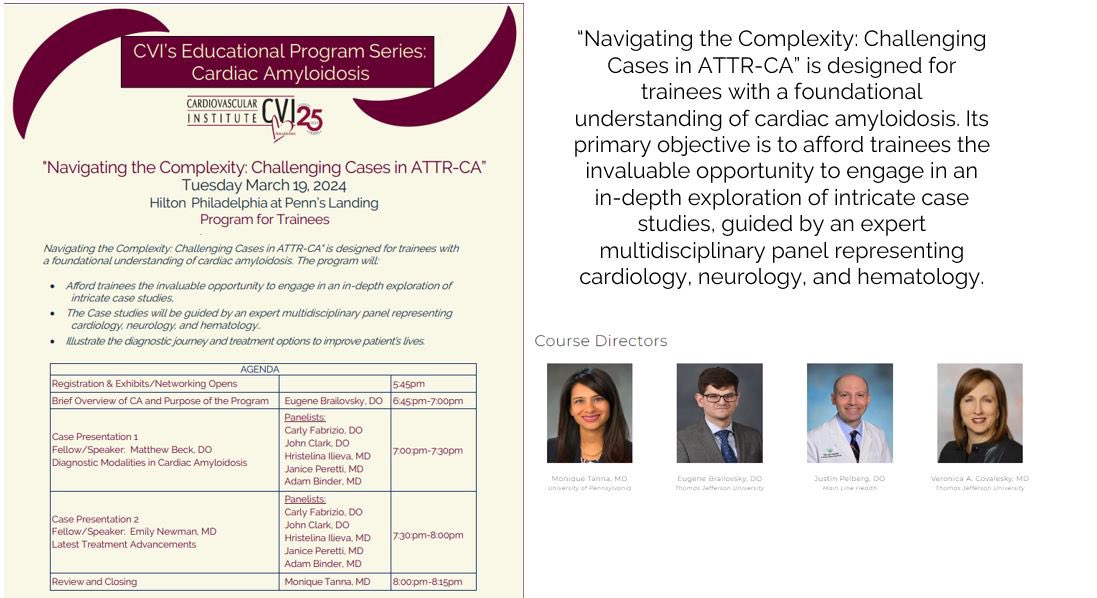 Yevgeniy Brailovsky DO MSc FACC (@yevgeniybr) on Twitter photo Really looking forward to this dinner to discuss challenging cases in amyloidosis! All trainees invited! Medicine, neurology, cardiology, heme/onc. Registration is free!
<a href="/TJHeartFellows/">Jefferson Cardiology Fellows</a> <a href="/CooperCVFellows/">Cooper Cardiology Fellows</a> <a href="/LankenauCV/">Lankenau CV Fellowship</a> <a href="/PennCardiology/">Penn Cardiology</a> <a href="/TempleCards/">Temple Cardiology Fellowship</a> Really looking forward to this dinner to discuss challenging cases in amyloidosis! All trainees invited! Medicine, neurology, cardiology, heme/onc. Registration is free!
<a href="/TJHeartFellows/">Jefferson Cardiology Fellows</a> <a href="/CooperCVFellows/">Cooper Cardiology Fellows</a> <a href="/LankenauCV/">Lankenau CV Fellowship</a> <a href="/PennCardiology/">Penn Cardiology</a> <a href="/TempleCards/">Temple Cardiology Fellowship</a>