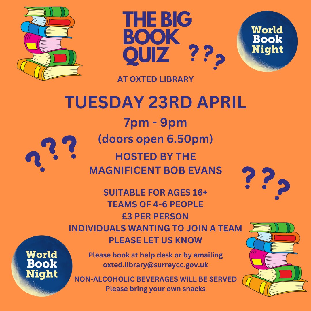 Who doesn't love a quiz night?! Even better, it's a BOOK quiz night at your local library in Oxted. It’s a bit of light-hearted fun & our Quizmaster Bob Evans will be there to tell a few (bad!) jokes we're sure😉 Details below🔽@SurreyLibraries @loveoxted @oxted