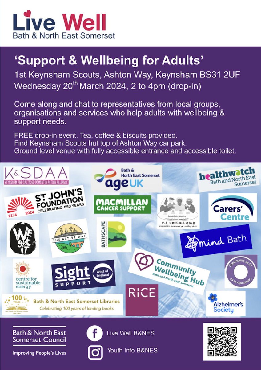Support and Wellbeing for Adults free drop in event. Drop in on Wednesday 20th March for a cup of tea and a chance chat to representatives from local groups, organisations and services who help adults with wellbeing and support needs. @bathnes