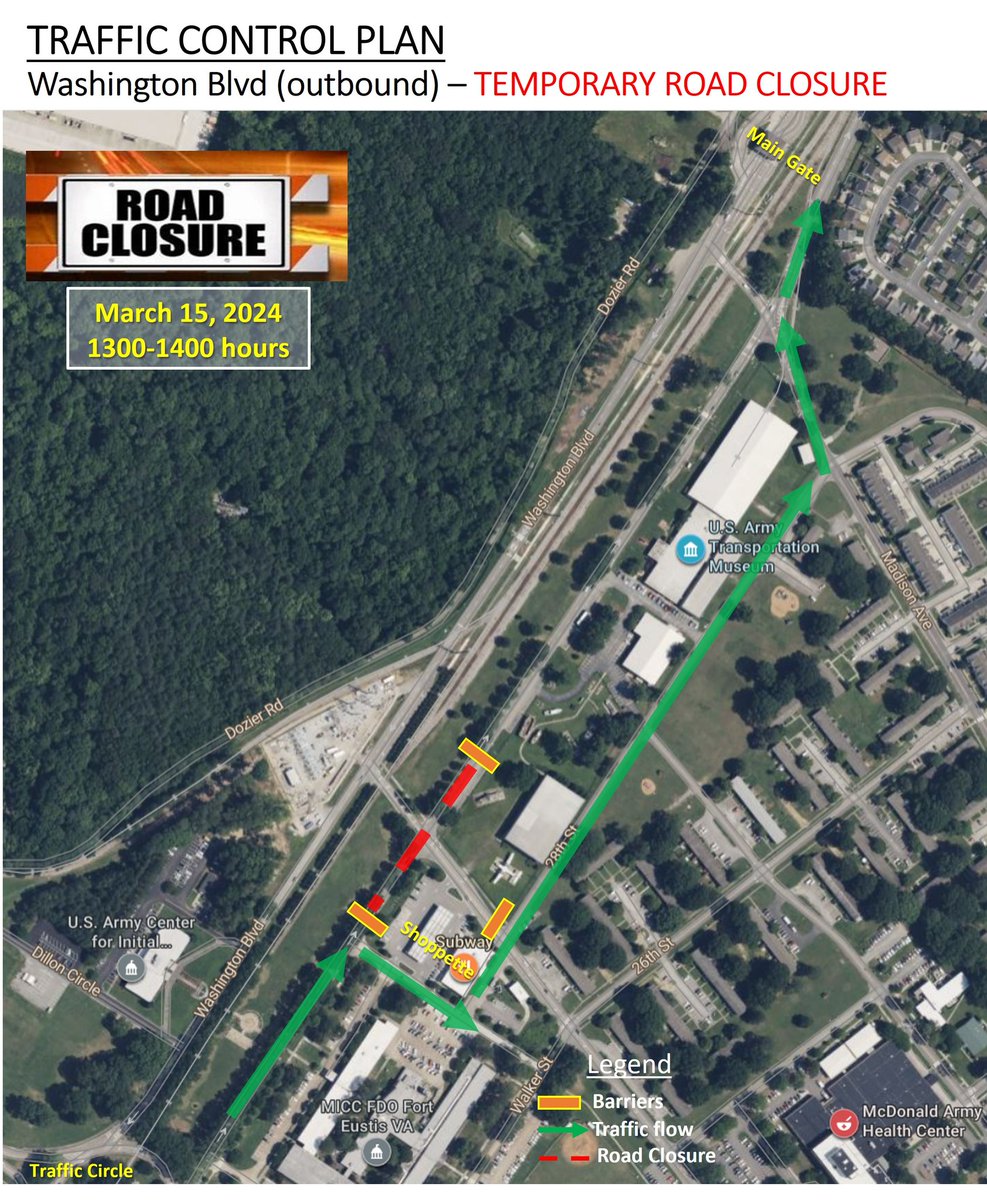 🚧 Fort Eustis Travelers 🚧 Road closure for Washington Blvd. outbound lanes and Jefferson Ave. adjacent to the gas station on March 15, 2024 starting at 1:00 PM for approximately 1 hour. Utilize Madison Ave. as a detour for your traveling. Please plan your traveling accordingly.