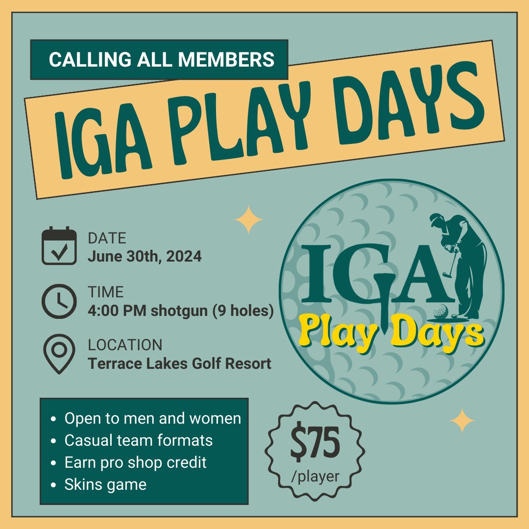 IdahoGA's tweet photo. Introducing IGA Play Days — a casual tournament setting, co-ed pairings/teams, skins games, pro shop credit, and buckets of fun. 

Sign up for our first IGA Play Day at Terrace Lakes Golf Resort in Garden Valley, ID at the link below! 
Registration opens March 18. https://t.co/0OjfQ6iTw8
