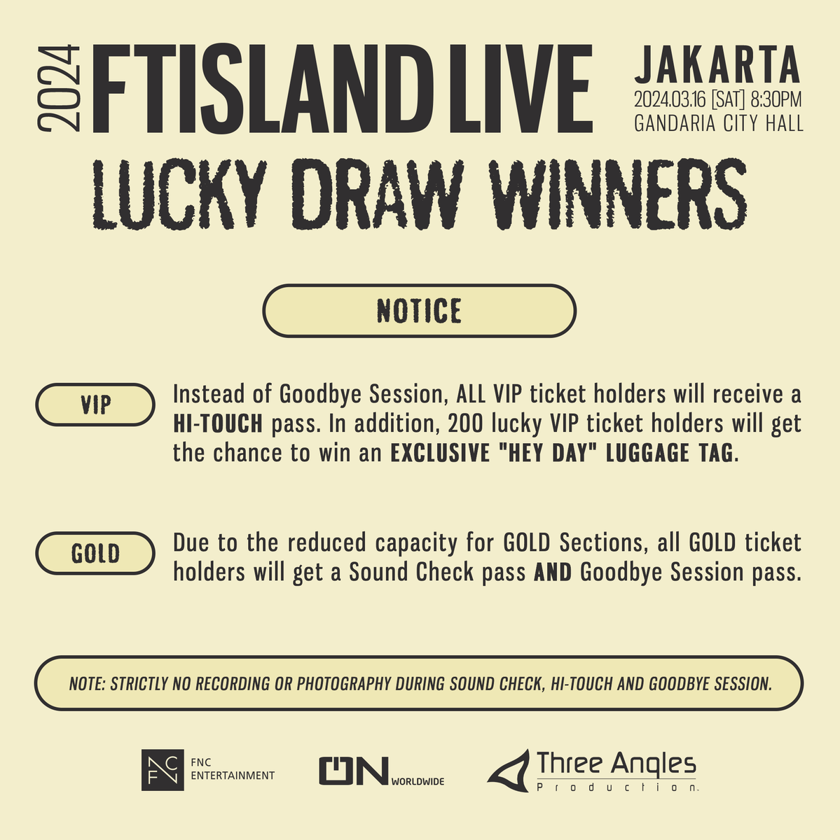 🔔 Notice incoming for PRIMADONNAs!

Indonesia PRIMADONNAs, please be guided with the updated fan benefits 😉 Get ready for a smashing time with FTISLAND! See you all tomorrow! 🤗

#FTISLAND #FT아일랜드
#FTISLANDinJKT #FNC #ONworldwide
#HEY_DAY #HEYDAYinJKT
#TAP