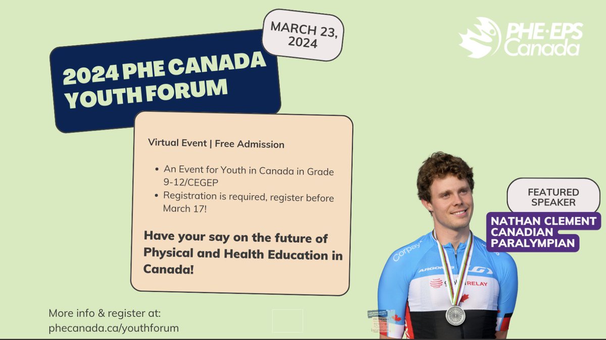 The PHE Canada Youth Forum is a free virtual learning and leadership opportunity for youth in grades 9-12/CEGEP across Canada to connect and share ideas about the current and future state of PHE @PHECanada Register below by March 17th bit.ly/4cawqRS