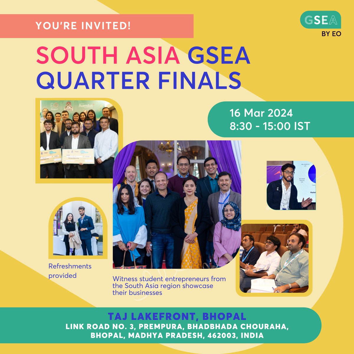 🚀 Tomorrow marks an important milestone! 🌟 In just one day, the South Asia Global Quarter Finals will kick off in Bhopal, India, where top studentpreneurs from the region will gather to present their entrepreneurial projects! 💼💡 Best of luck to all students! #EO #GSEA