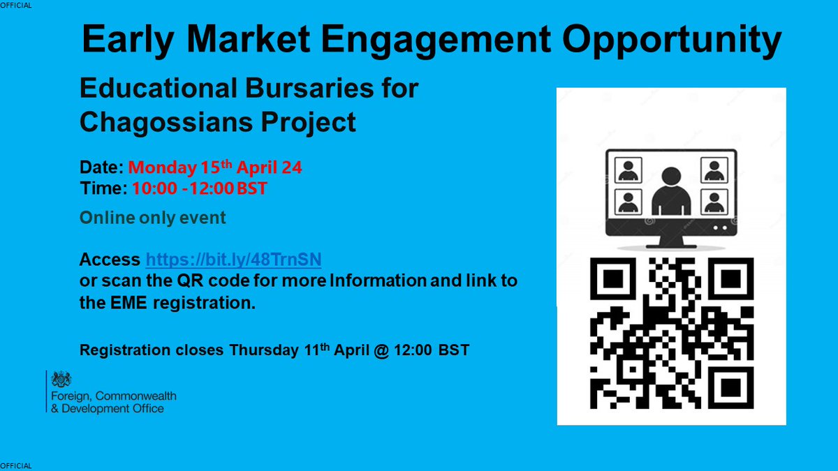 Early Market Engagement - Educational Bursaries for Chagossians Project - Monday 15th April 10:00 -12:00 BST. Access bit.ly/48TrnSN for further information and the link to register for this EME. #FCDOGovUK #UKAid