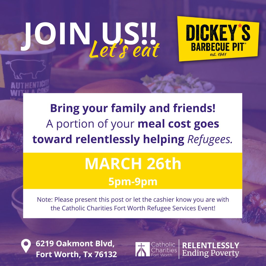Join us March, 26th from 5:00pm to 9:00pm, at Dickey's Bbq 6219 Oakmont Blvd, Fort Worth, Tx 76132! Thank you for partnering with us to relentlessly end poverty, we can't wait to see you there! #CCFW #RelentlesslyEndingPoverty #SupportRefugees
