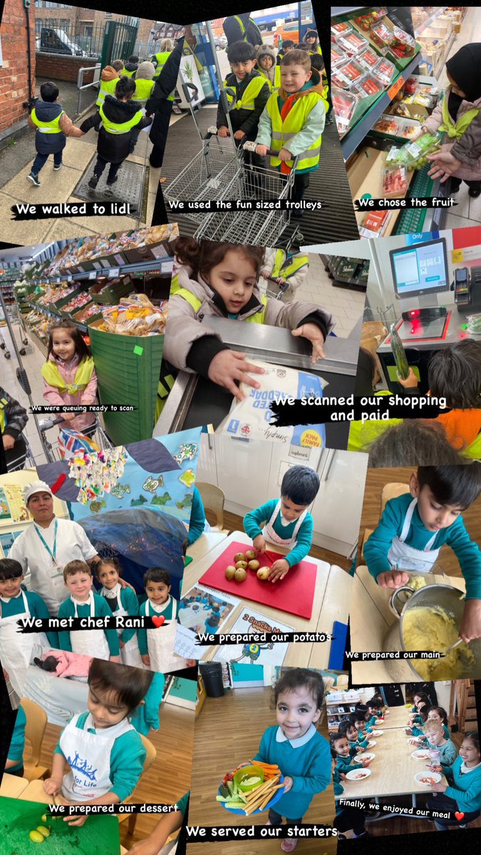 A journey of our topic week. From setting off to @LidlGB, to meeting our school chef @ranikaimkhani and finally preparing, cooking and serving our meal together this afternoon. 
What a fun week! #TeamTindal #eyfs #eyshare #cooking @arktindal #HappyFriday 🥰