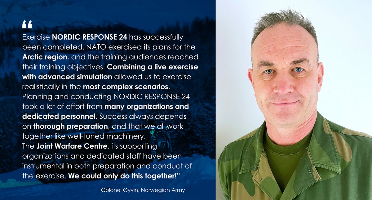 #NordicResponse24 🇳🇴 was a great demonstration of #NATO Allies working together to protect & defend #Nordic security. The JWC hosted the exercise control teams during the execution phase. #WeAreNATO #ArcticReady #StrongerTogether #SteadfastDefender24 @Forsvaret_no