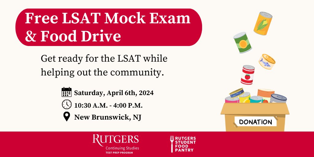 Wondering what the LSAT really feels like? Know someone taking the big test plunge? 

Join us on Saturday, April 6th for a FREE LSAT Mock Exam and Food Drive for Rutgers Food Pantry!

Register for the exam here: bit.ly/4afq2a8