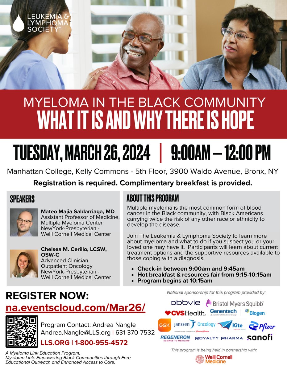 Join Dr. Mateo Mejia (@mmejia91) & oncology social worker Chelsea Cerillo at an @LLSusa #MultipleMyeloma event on 3/26. Register to learn about how this #BloodCancer impacts the black community, available treatments & resources for coping with a diagnosis bit.ly/3vixJxc