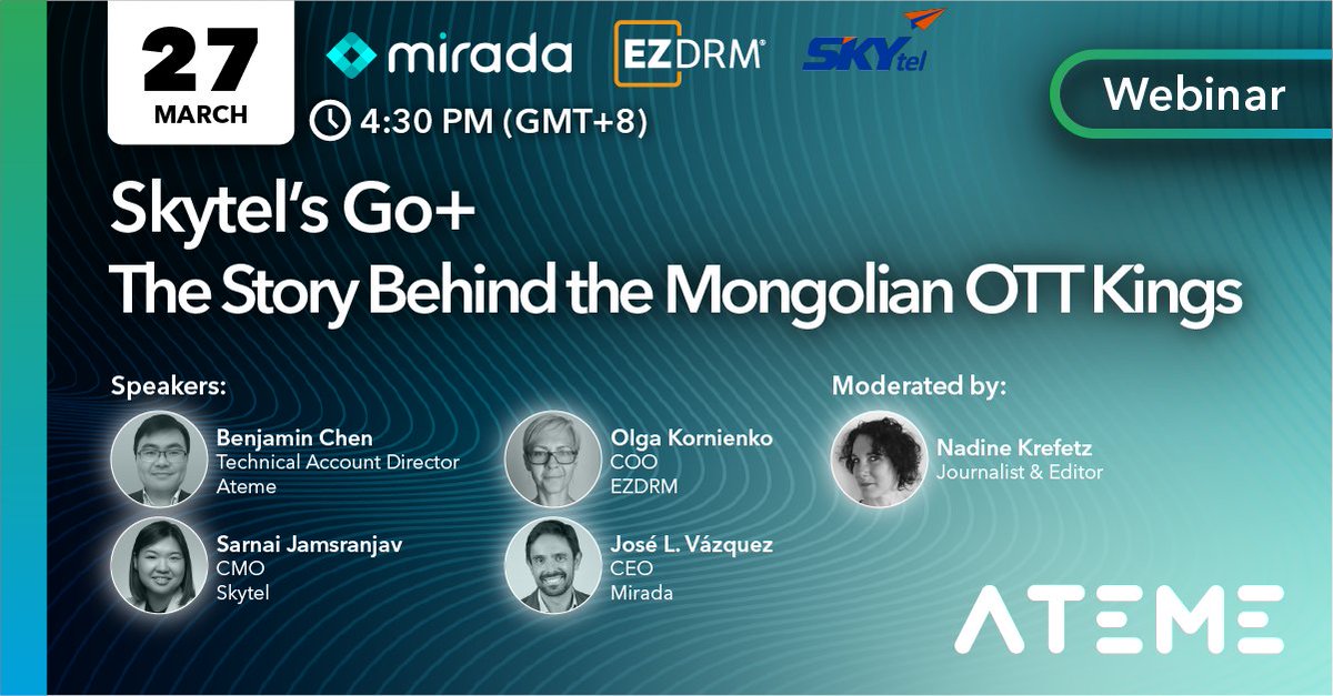 ateme_x's tweet photo. Join #Ateme's Technical Account Director Benjamin Chen, for an exclusive #webinar: The Story Behind Mongolian #OTT Kings. Uncover challenges in Mongolia’s video landscape with @SkytelOfficial, the telecom and media leader. Register now 👉 https://t.co/nwmFjl9rzR #Skytel https://t.co/M243ysV21M