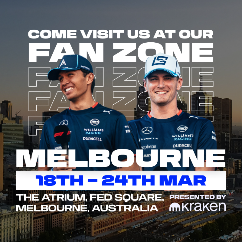 WilliamsF1's tweet photo. Melbourne! Here's when you can see Alex, Logan and JV next week in our @krakenfx Fan Zone! 👀🇦🇺