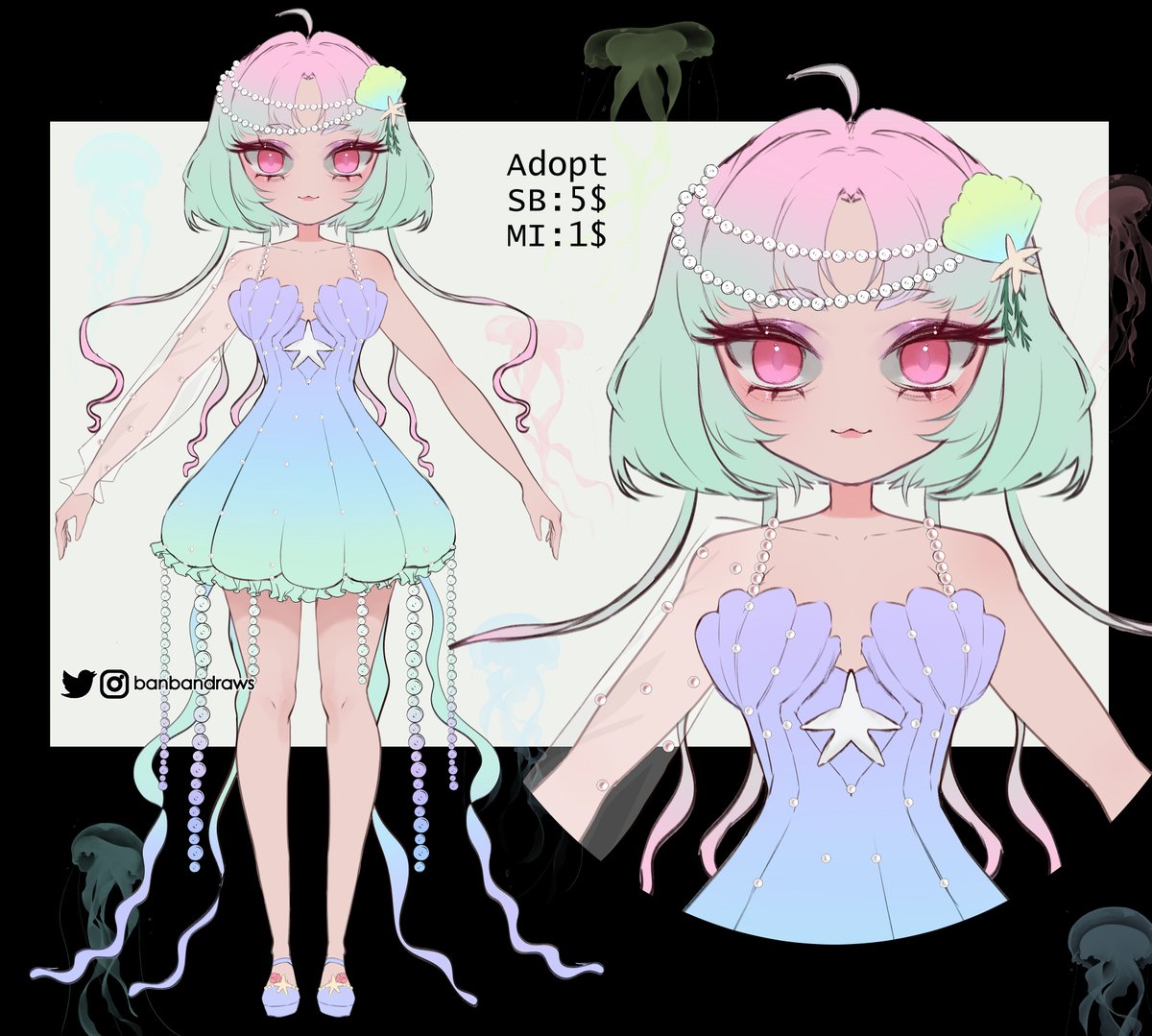 Jellyfish themed Adopt
Sb: 5$
MI: 1$
Ab 01: 25$ with commercial use
Ab 02: 35$ + commercial use+ a colored sketch head-shot 
Rts are appreciated 
#adopt #adoptable #adoptableauction #adoptopen