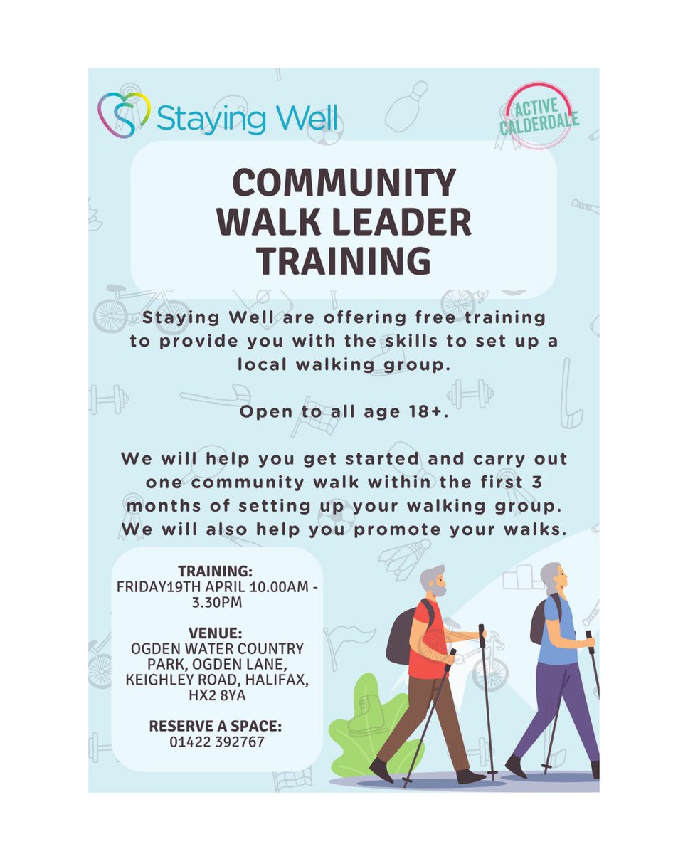 stayingwellcal's tweet photo. WALK LEADER
Staying Well are offering free training to provide you with the skills to set up a local walking group
Ogden Water Country Park, Friday 19th April 10am-3.30pm
To book call 01422 392767
#WalkLeader #FreeTraining #OgdenWater #StayingWell #WalkingGroup #CommunityHealth https://t.co/K83AOW6Wh6