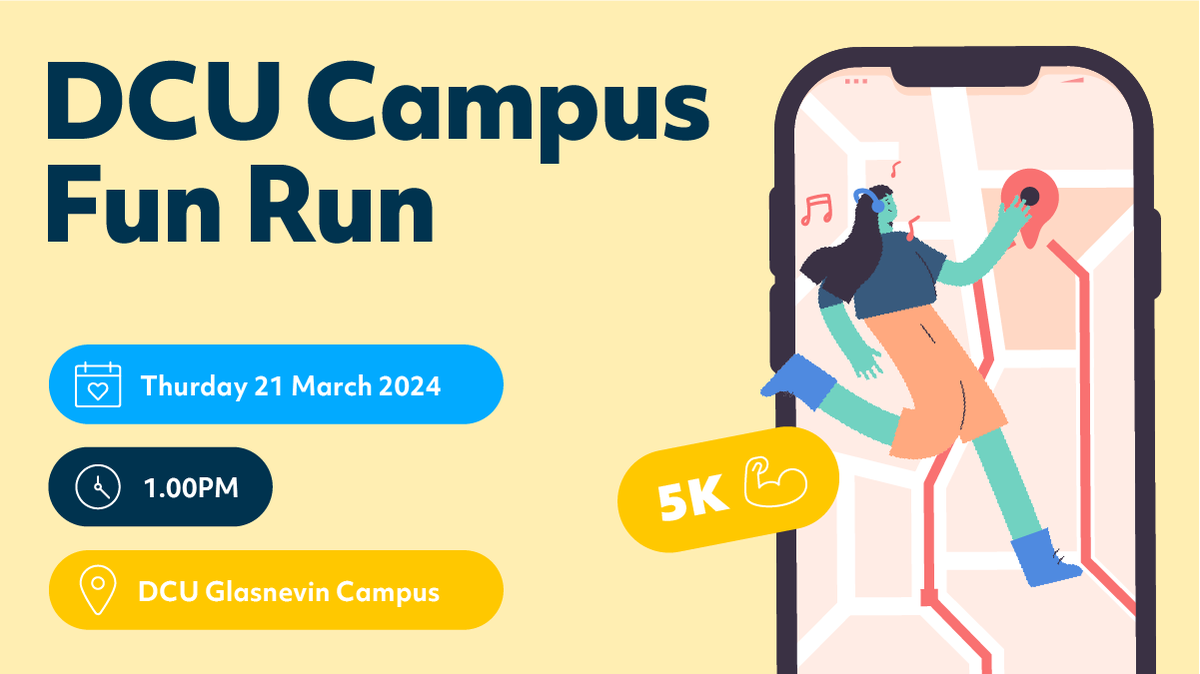 DCU's tweet photo. Attention DCU Students and Staff!
The #DCUFunRun - a 5k run on our Glasnevin Campus - is back for another year and it will be taking place on Thursday, March 21st, at 1pm.
Click here to register: https://t.co/y6BgP222vl
@DCUAthletics @DCUSU @DCUSportsWellbe https://t.co/oGdCOUi9uR